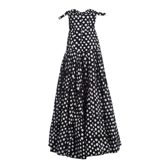Studio 189 Off-the-shoulder Pleated Polkadot Cotton Gown - S - Black - Picture 5 of 6